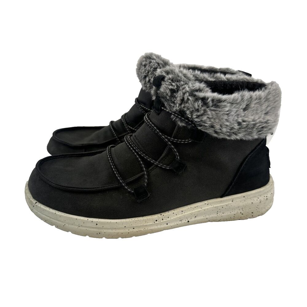 Hey Dude Eloise Ankle Boots Black Pull On Lace Up Faux Fur Trim Booties Womens 8